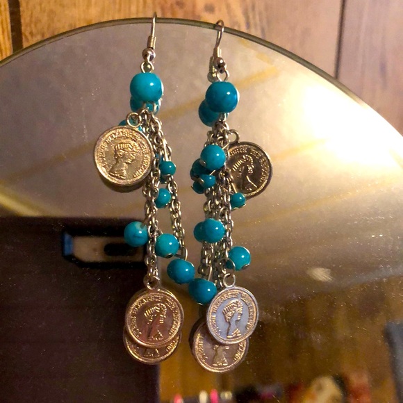 Pretty Faux Turquoise Coin Dangle Earrings - Picture 1 of 9